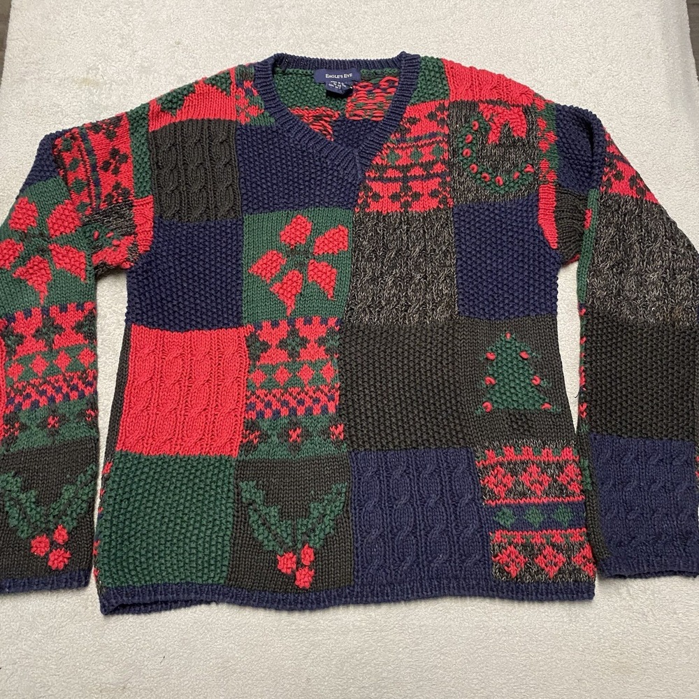 Vintage Eagles Eye Sweater Womens‎ Medium Patchwork Christmas Tree Holly Wreath